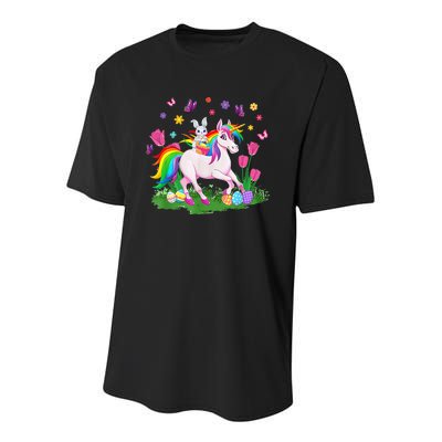 Eggs Bunny Rabbit Riding Unicorn Basket Happy Easter Day Youth Performance Sprint T-Shirt