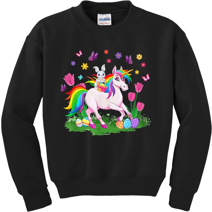 Eggs Bunny Rabbit Riding Unicorn Basket Happy Easter Day Kids Sweatshirt