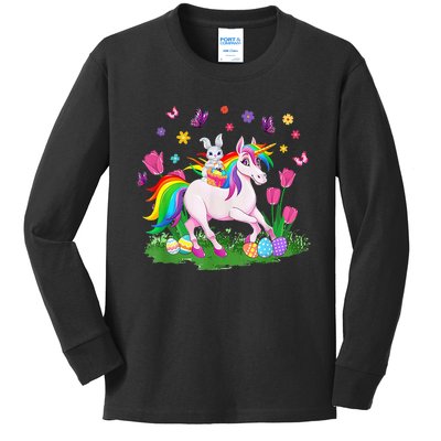 Eggs Bunny Rabbit Riding Unicorn Basket Happy Easter Day Kids Long Sleeve Shirt