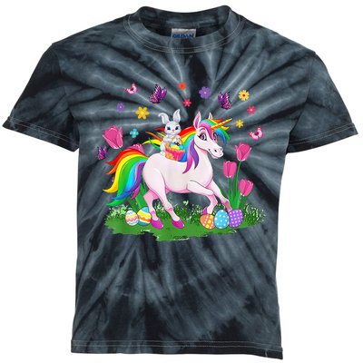 Eggs Bunny Rabbit Riding Unicorn Basket Happy Easter Day Kids Tie-Dye T-Shirt