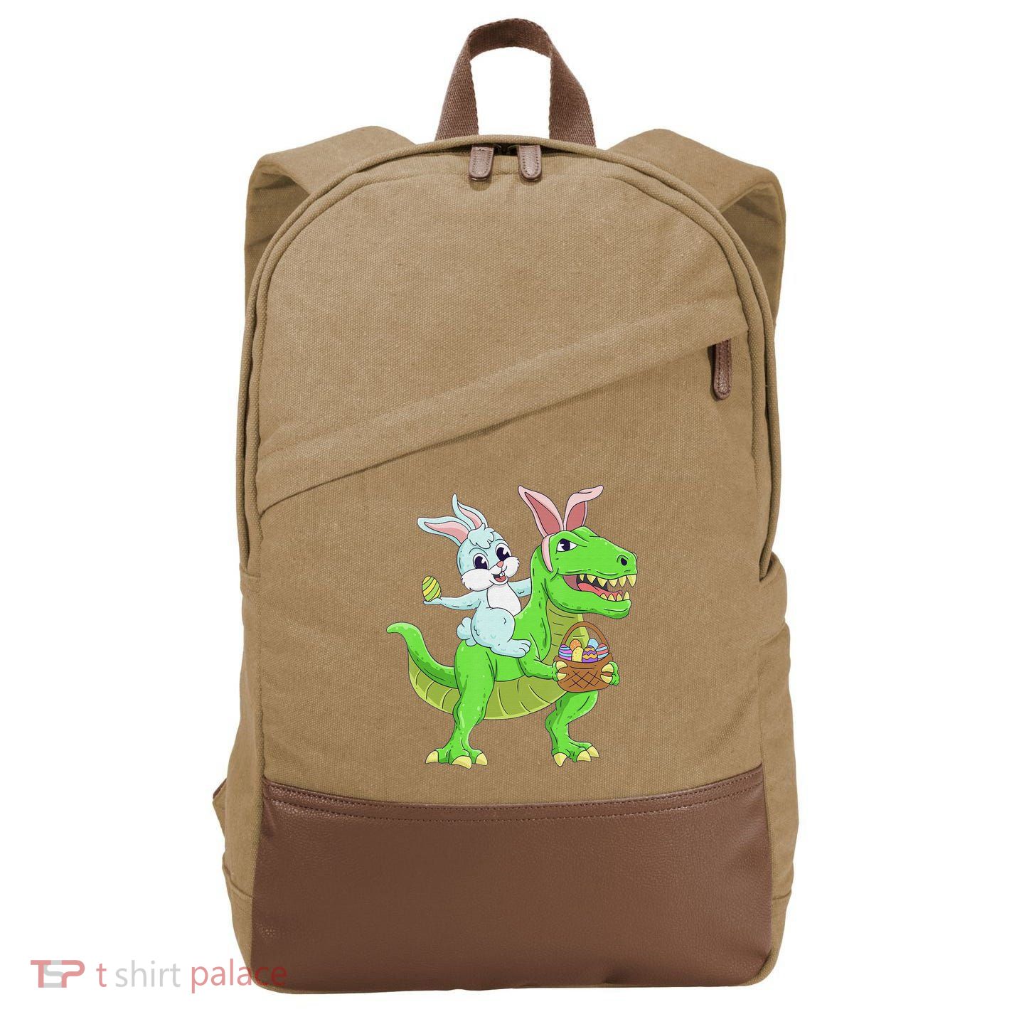 Easter Bunny Riding Dinosaur T Rex Easter Cotton Canvas Backpack