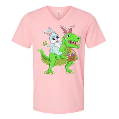 Easter Bunny Riding Dinosaur T Rex Easter V-Neck T-Shirt