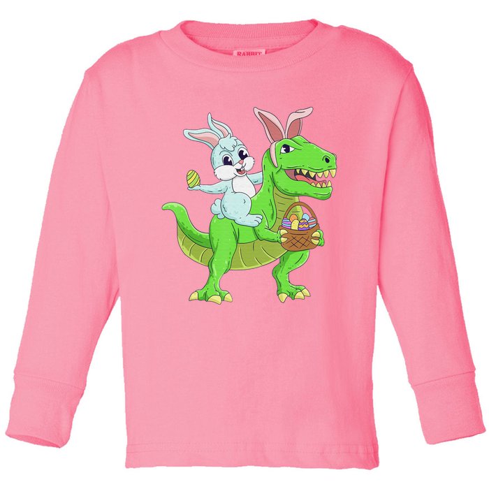 Easter Bunny Riding Dinosaur T Rex Easter Toddler Long Sleeve Shirt