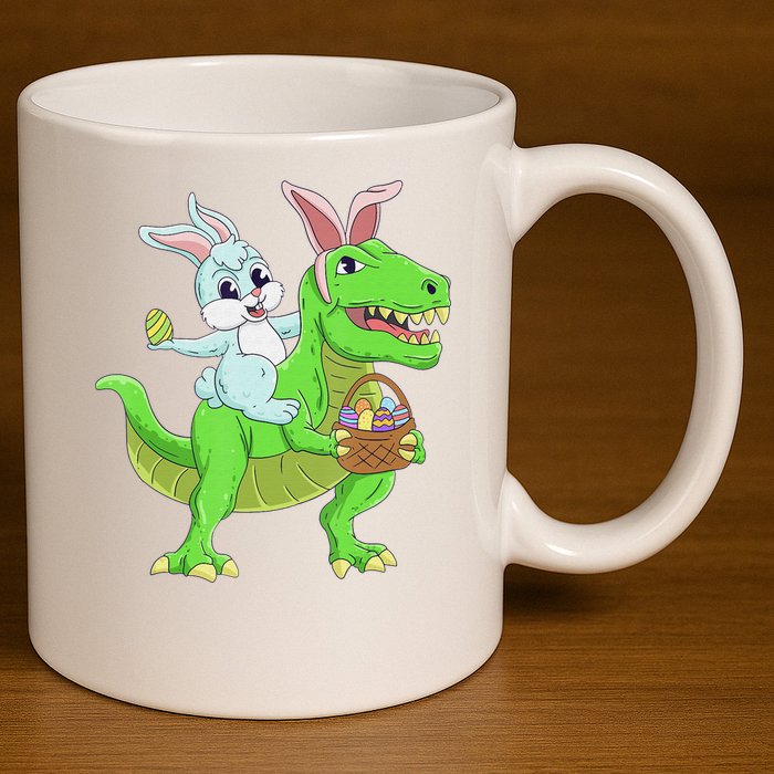 Easter Bunny Riding Dinosaur T Rex Easter 11oz C Handle Ceramic Mug