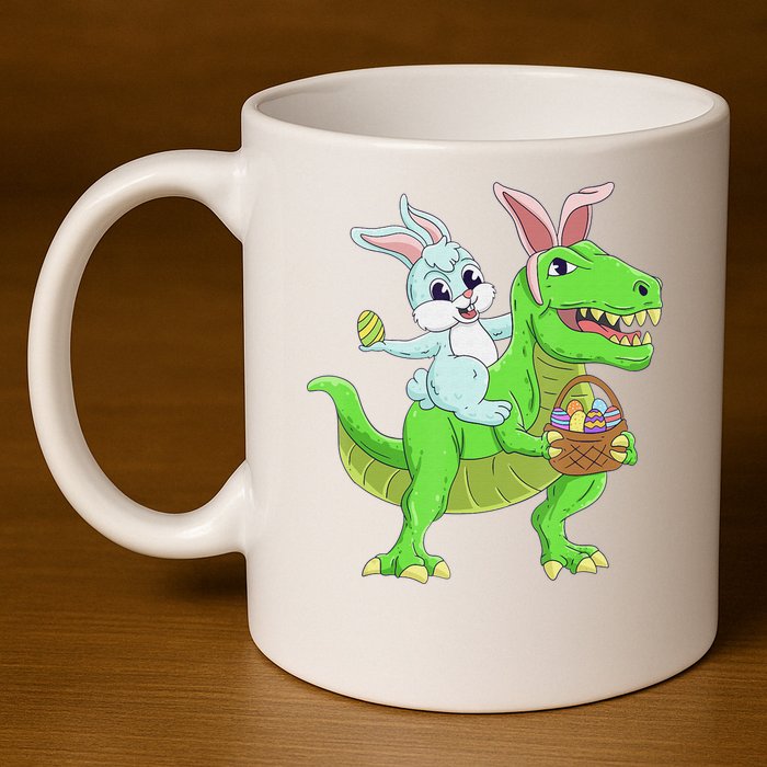 Easter Bunny Riding Dinosaur T Rex Easter 11oz C Handle Ceramic Mug