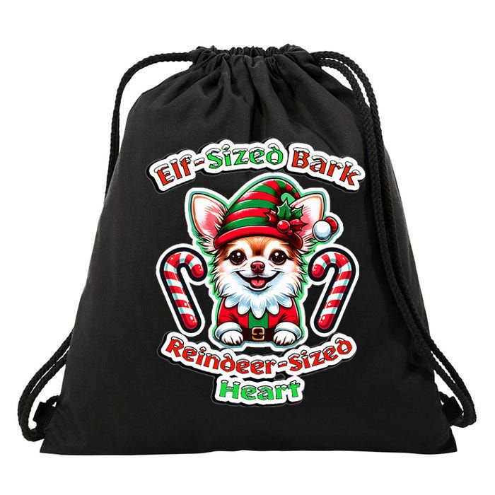 Elf-Sized Bark Reindeer Sized Heart Festive Chihuahua Drawstring Bag