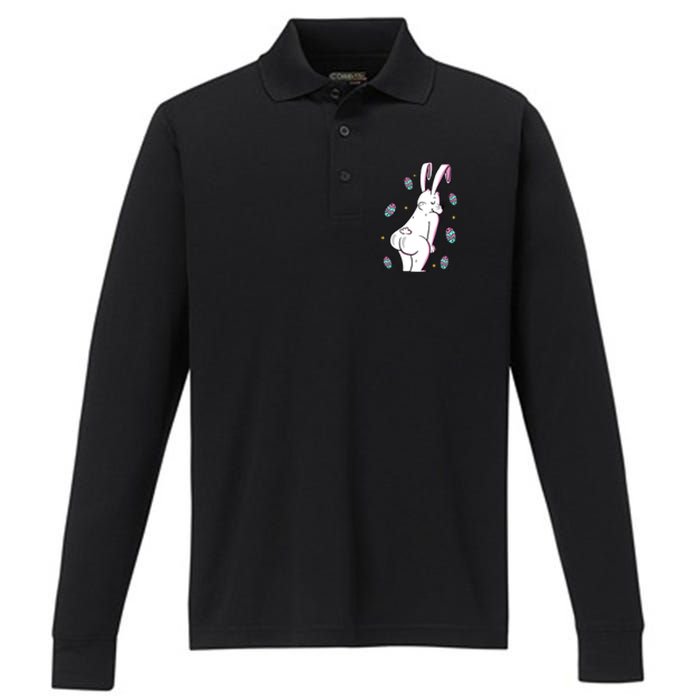 Easter Bunny Rabbit Butt Funny Colorful Eggs Performance Long Sleeve Polo