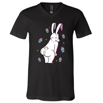 Easter Bunny Rabbit Butt Funny Colorful Eggs V-Neck T-Shirt