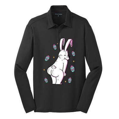 Easter Bunny Rabbit Butt Funny Colorful Eggs Silk Touch Performance Long Sleeve Polo