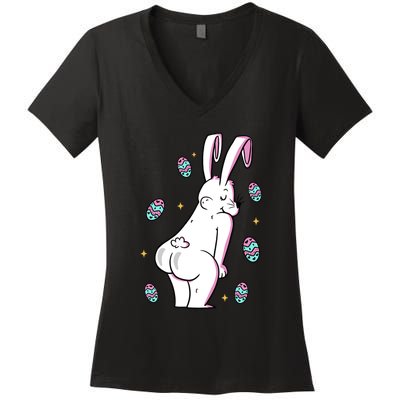 Easter Bunny Rabbit Butt Funny Colorful Eggs Women's V-Neck T-Shirt