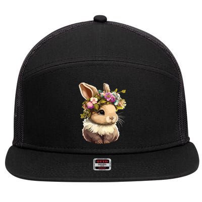 Easter Bunny Rabbit Women Happy Bunny Flower Graphic Girl 7 Panel Mesh Trucker Snapback Hat