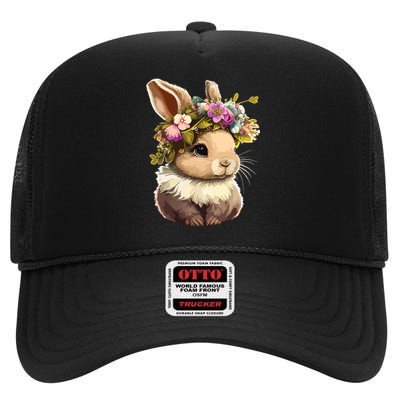 Easter Bunny Rabbit Women Happy Bunny Flower Graphic Girl High Crown Mesh Back Trucker Hat