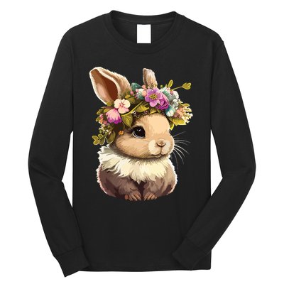 Easter Bunny Rabbit Women Happy Bunny Flower Graphic Girl Long Sleeve Shirt