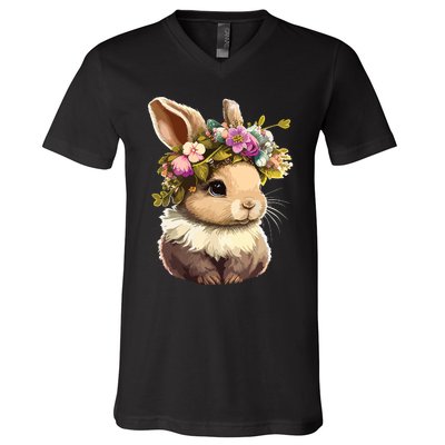 Easter Bunny Rabbit Women Happy Bunny Flower Graphic Girl V-Neck T-Shirt