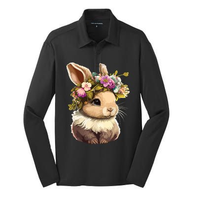 Easter Bunny Rabbit Women Happy Bunny Flower Graphic Girl Silk Touch Performance Long Sleeve Polo