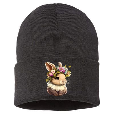 Easter Bunny Rabbit Women Happy Bunny Flower Graphic Girl Sustainable Knit Beanie