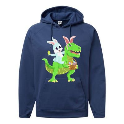 Easter Bunny Riding Dinosaur T Rex Easter Performance Fleece Hoodie