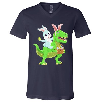 Easter Bunny Riding Dinosaur T Rex Easter V-Neck T-Shirt