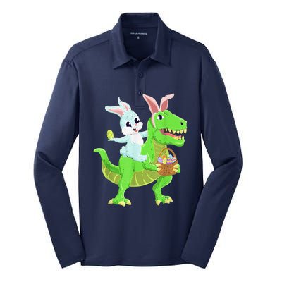 Easter Bunny Riding Dinosaur T Rex Easter Silk Touch Performance Long Sleeve Polo