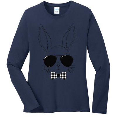 Easter Bunny Rabbit With Glasses Easter Day Ladies Long Sleeve Shirt