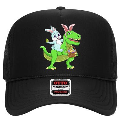 Easter Bunny Riding Dinosaur T Rex Easter High Crown Mesh Back Trucker Hat