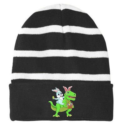 Easter Bunny Riding Dinosaur T Rex Easter Striped Beanie with Solid Band