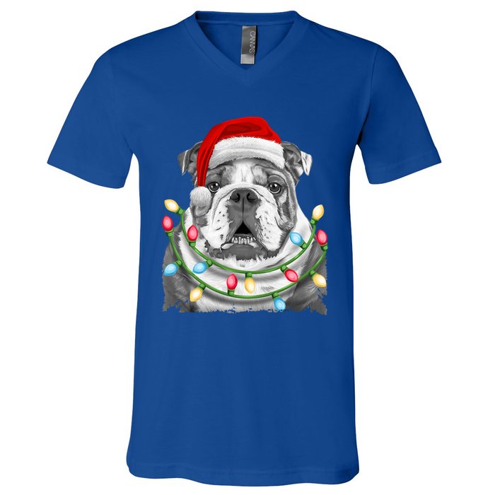 English Bulldog Santa Christmas Tree Lights Xmas Dog Cool Gift V-Neck T-Shirt