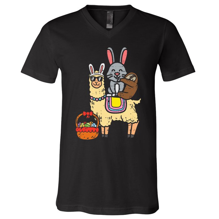 Easter Bunny Sloth On Llama Eggs Cute Alpaca V-Neck T-Shirt