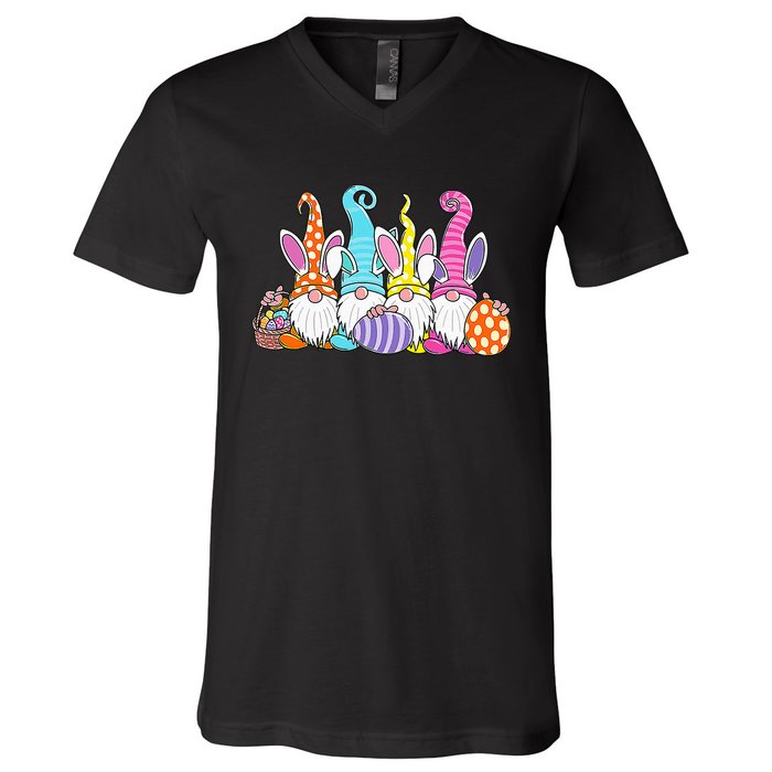 Easter Bunny Spring Gnome Easter Egg Hunting And Basket V-Neck T-Shirt