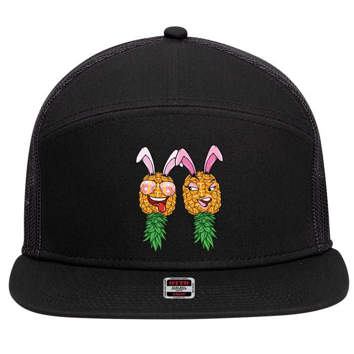 Easter Bunny Swinger Couple Upside Down Pineapple Gift 7 Panel Mesh Trucker Snapback Hat