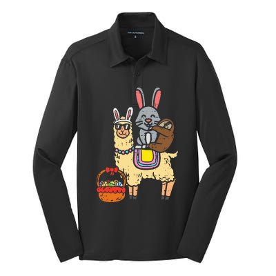 Easter Bunny Sloth On Llama Eggs Cute Alpaca Silk Touch Performance Long Sleeve Polo