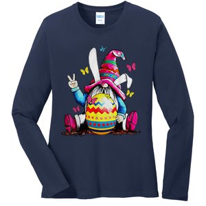 Easter Bunny Spring Gnome Easter Egg Hunting And Basket Ladies Long Sleeve Shirt