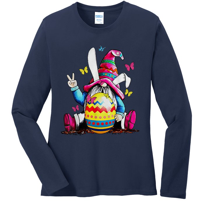 Easter Bunny Spring Gnome Easter Egg Hunting And Basket Ladies Long Sleeve Shirt