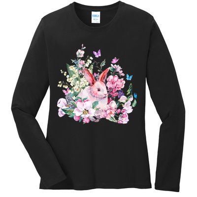 Easter Bunny Spring Flower Ladies Long Sleeve Shirt