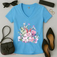 Easter Bunny Spring Flower Women's V-Neck T-Shirt