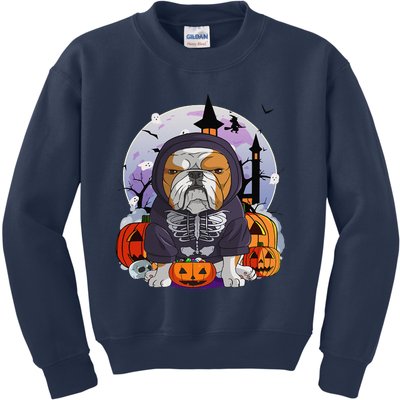 English Bulldog Skeleton Costume Halloween Witch Pumpkin Kids Sweatshirt