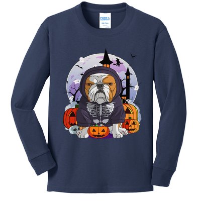 English Bulldog Skeleton Costume Halloween Witch Pumpkin Kids Long Sleeve Shirt