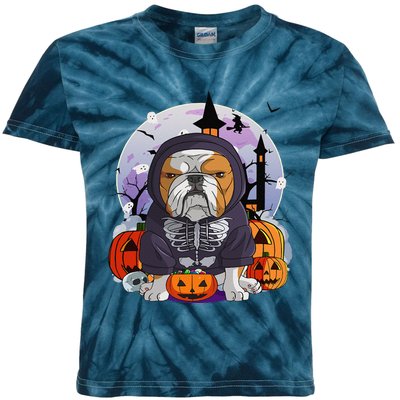 English Bulldog Skeleton Costume Halloween Witch Pumpkin Kids Tie-Dye T-Shirt