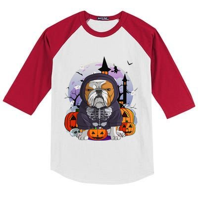 English Bulldog Skeleton Costume Halloween Witch Pumpkin Kids Colorblock Raglan Jersey