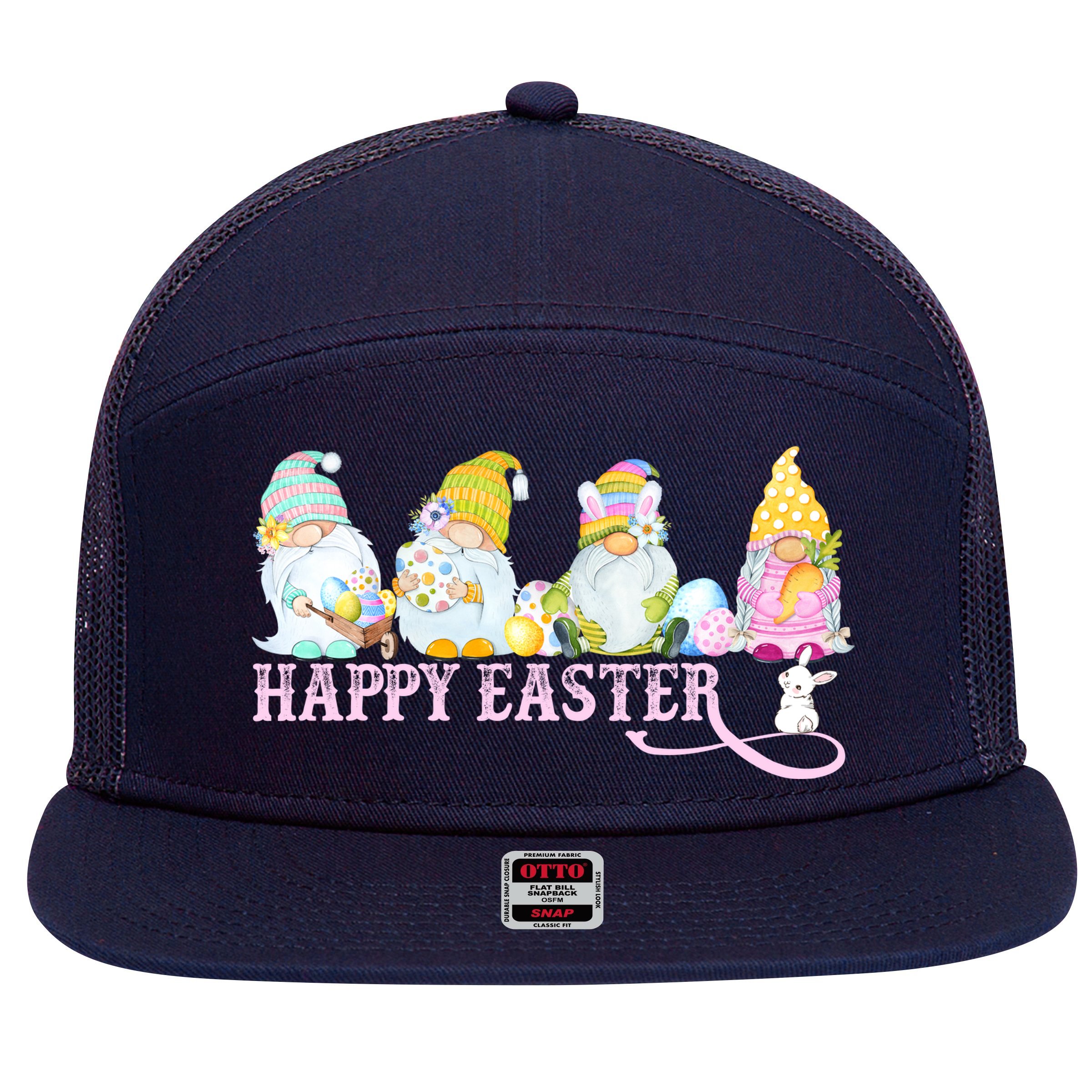 Easter Bunny Spring Gnome Easter Egg Hunting And Basket 7 Panel Mesh Trucker Snapback Hat