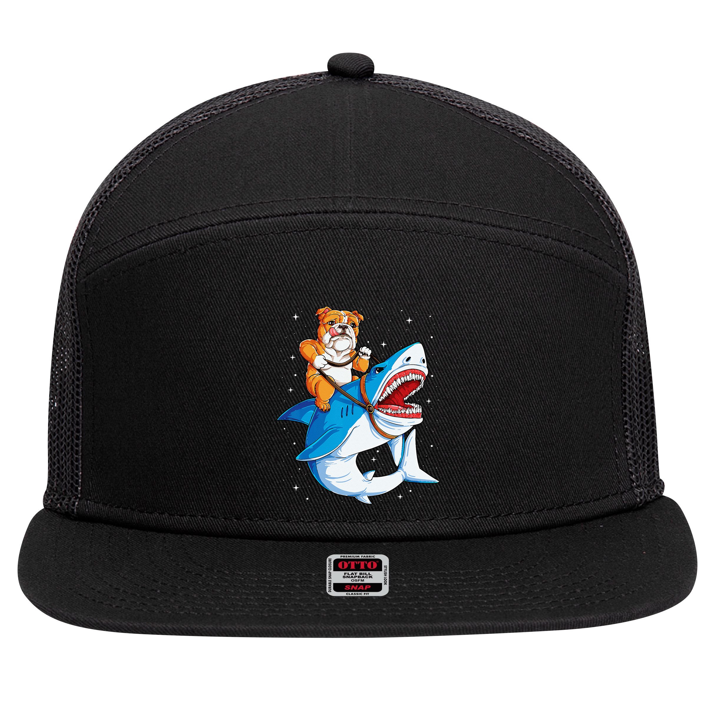 English Bulldog Shark Space Galaxy Jawsome Gift 7 Panel Mesh Trucker Snapback Hat
