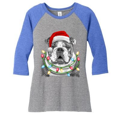 English Bulldog Santa Christmas Tree Lights Xmas Dog Funny Gift Women's Tri-Blend 3/4-Sleeve Raglan Shirt