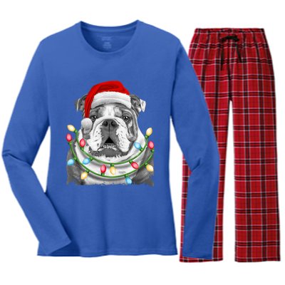 English Bulldog Santa Christmas Tree Lights Xmas Boys Dog Gift Women's Long Sleeve Flannel Pajama Set 