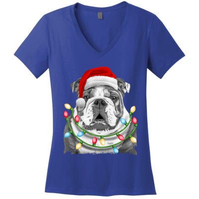 English Bulldog Santa Christmas Tree Lights Xmas Boys Dog Gift Women's V-Neck T-Shirt