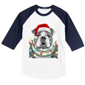 English Bulldog Santa Christmas Tree Lights Xmas Boys Dog Gift Baseball Sleeve Shirt