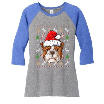 English Bulldog Ugly Christmas Dog Santa Hat Xmas Boys Gift Women's Tri-Blend 3/4-Sleeve Raglan Shirt