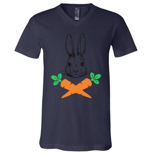 Easter Bunny With Carrot Cross Skull Bones Women V-Neck T-Shirt