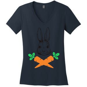 Easter Bunny With Carrot Cross Skull Bones Women Women's V-Neck T-Shirt