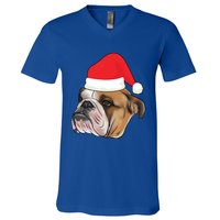 English Bulldog With Santa Claus Hat Dog Lover Christmas Gift V-Neck T-Shirt