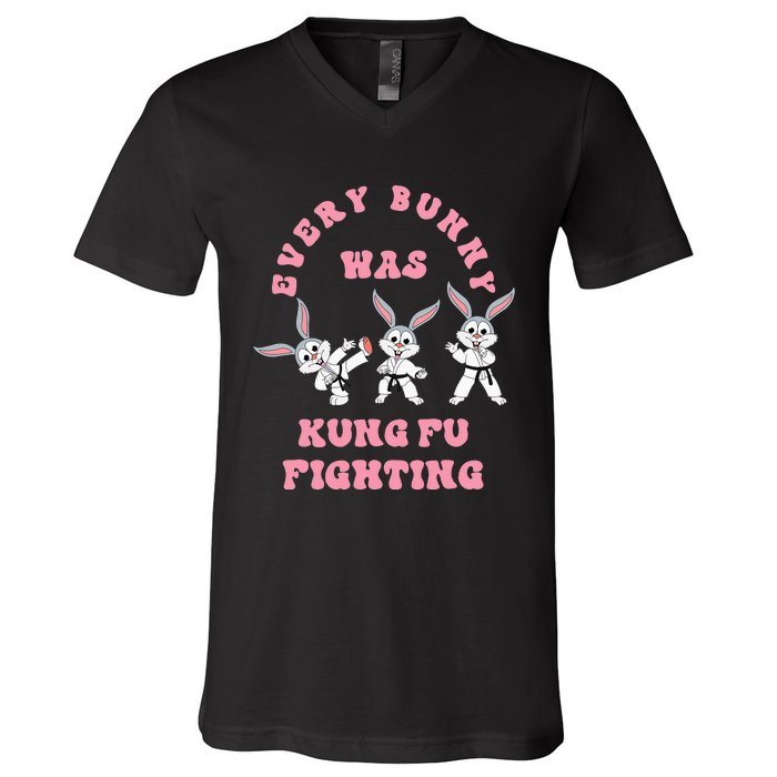 Every Bunny Was Kung Fu Fighting Karate Easter Rabbit Funny V-Neck T-Shirt